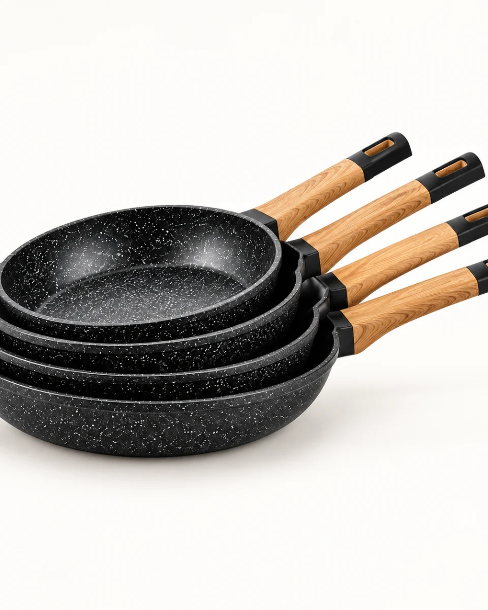 ماهیتابه گرانیت مشکی با دسته طرح چوب، نمای جانبی